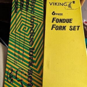 Vintage 2 sets Fondue Fork 2 Sets  of 6 Wood sets boxed colored dots and tips